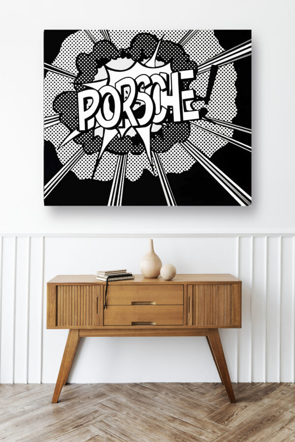 Wooden sideboard table with books and a vase Mod/038 - Détournement#2 - Porsche !